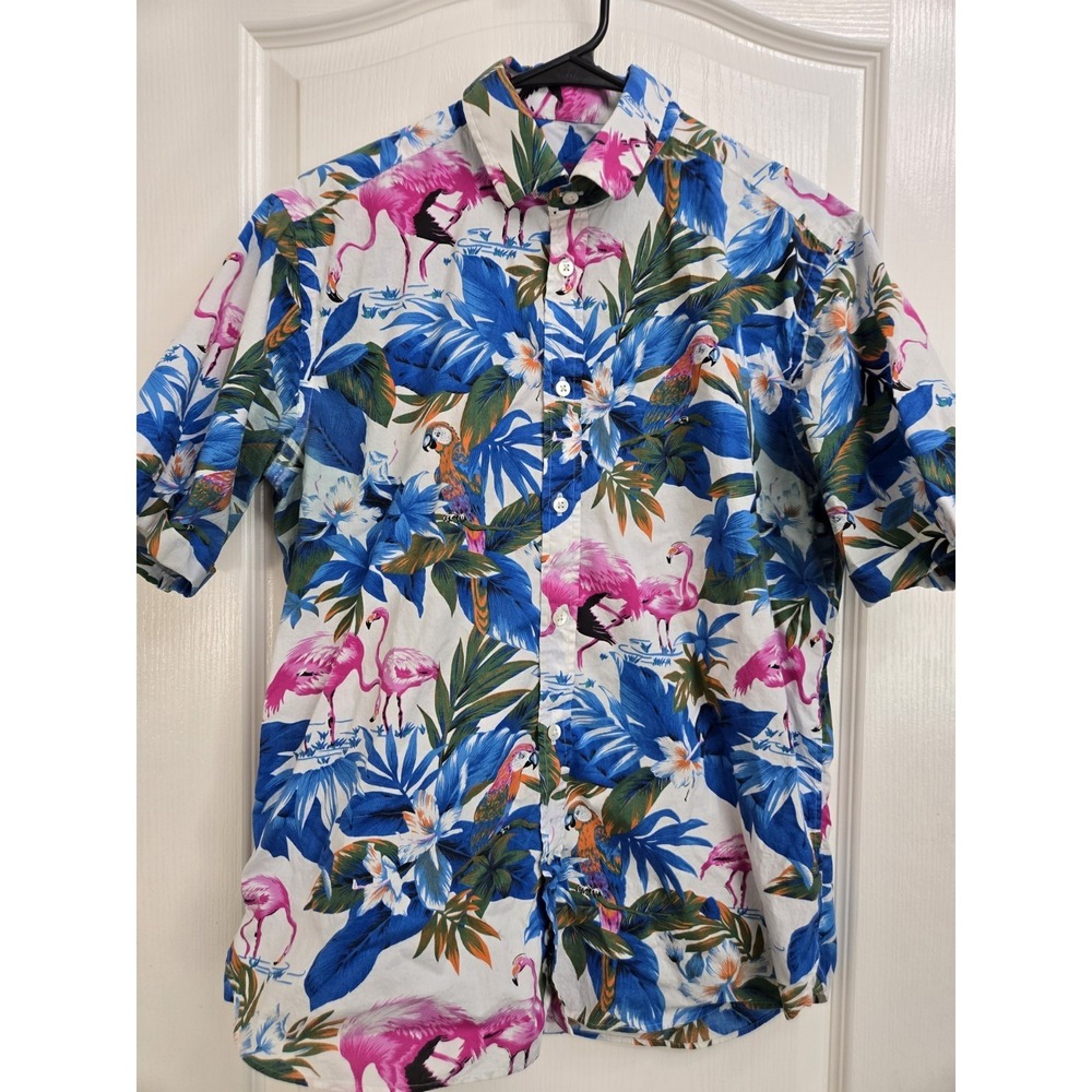 Brancaccio Hawaiian Shirt Mens Medium Floral, Flamingo, Parrot Short Sleeve